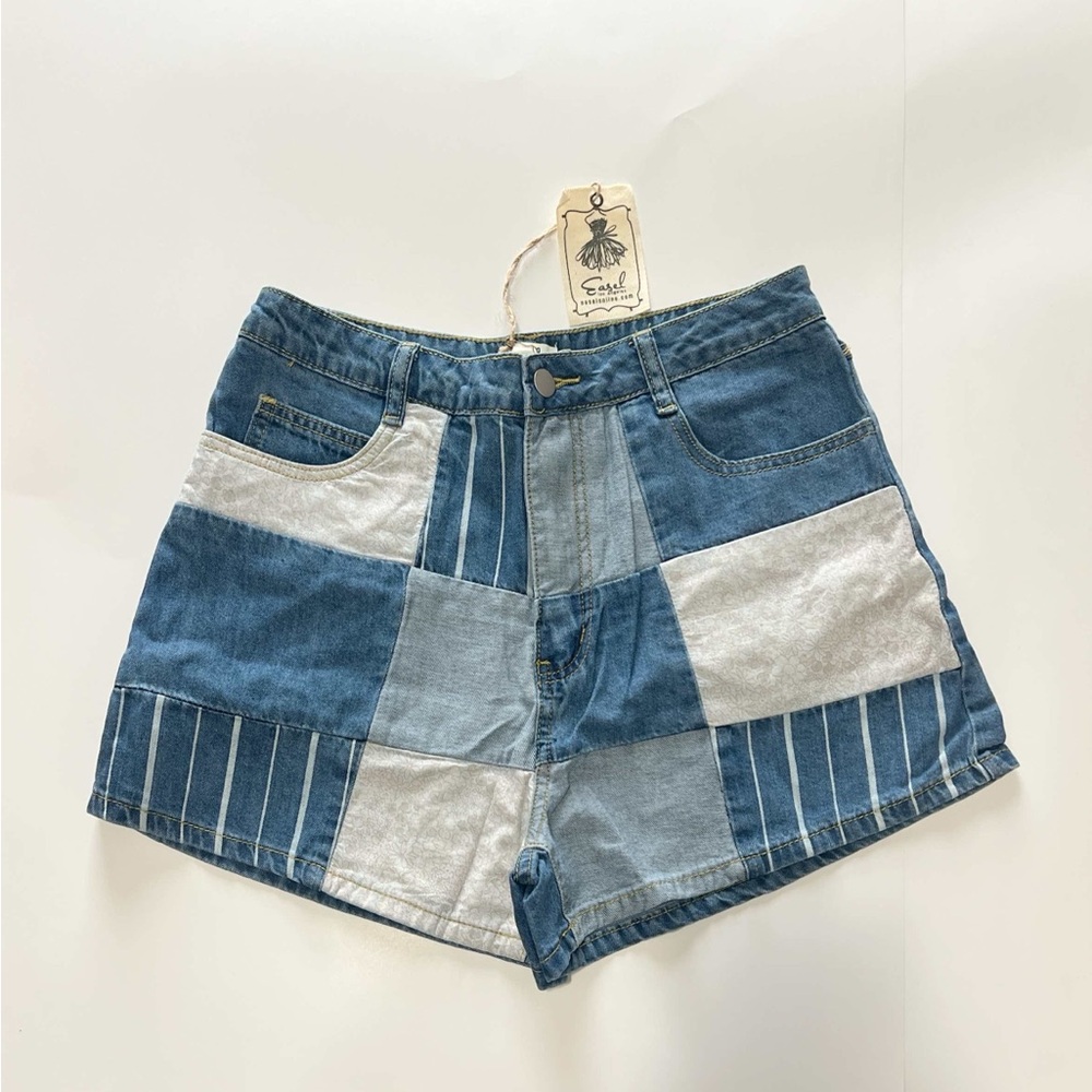 Easel Blue and White Patchwork Jean Shorts